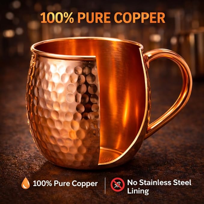 Premium Handcrafted Copper Moscow Mule Mugs Set of 4 – 16oz Hammered Solid Copper Cups, BPA-Free & Lacquer-Free, Elegant Gift Set for Cocktails, Water, Home Bar & Parties