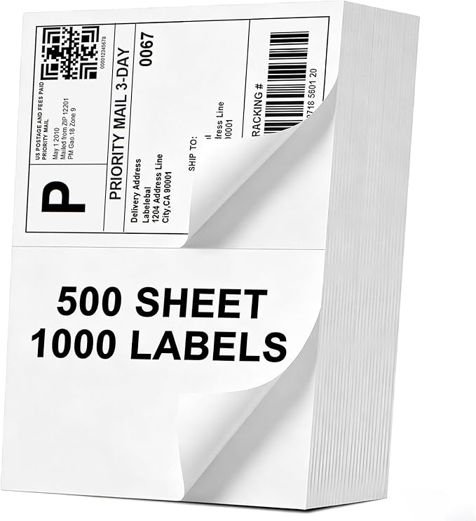 (1000 Labels/500 Sheets)Labelebal Half Sheet Self Adhesive Shipping Labels for Laser & Inkjet Printers, 8.5" x 5.5" Shipping Mailing Labels, 2 Per Page Shipping Labels, 5 1/2 x 8 1/2 Half Sheet Labels
