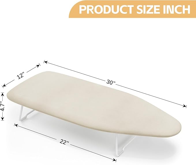Small Ironing Board top with Heat Resistant Cover, Compact Mini Ironing Board with Metal mesh Frame,for Dorm,Apartment and Travel, Hook for Hanging, Iron Board, Iron Table Stand 12”×30” Cream White