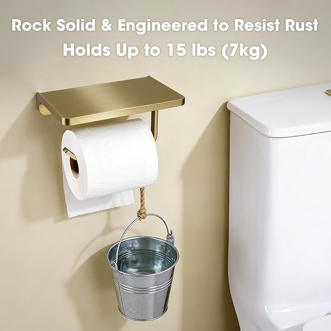 TRUSTMI Toilet Paper Holder with Shelf & Phone Stand | Brushed Gold Bathroom Storage, Solid Zinc Alloy, Wall Mounted | Holds 15lbs, Fits Jumbo Rolls