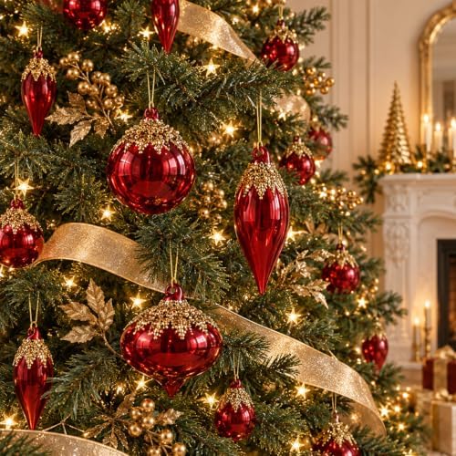Yerliker 12 Pcs Red Christmas Glass Ball Ornaments Xmas Hanging Decoration