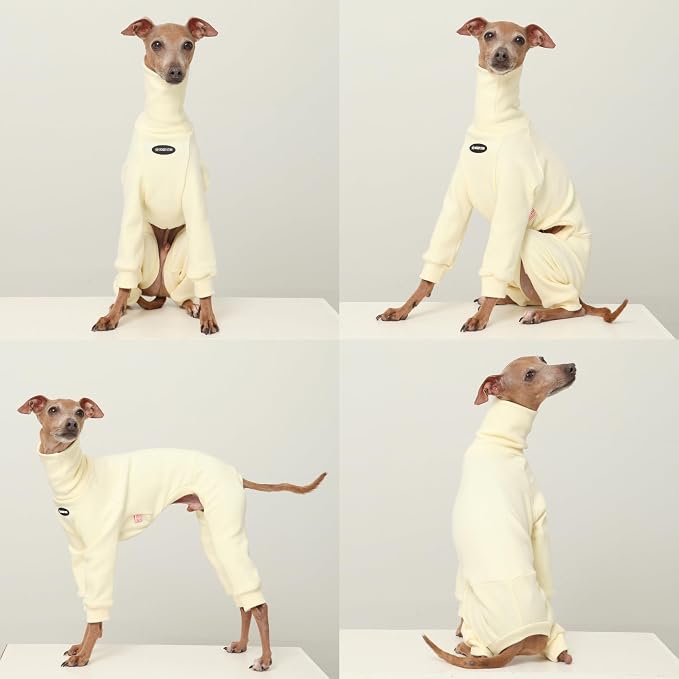 D Doggy Star Italian Greyhound Clothes, Brushed Fleece Turtleneck All in One, Stretchy and Cozy (S,Brshd FLC Cream)