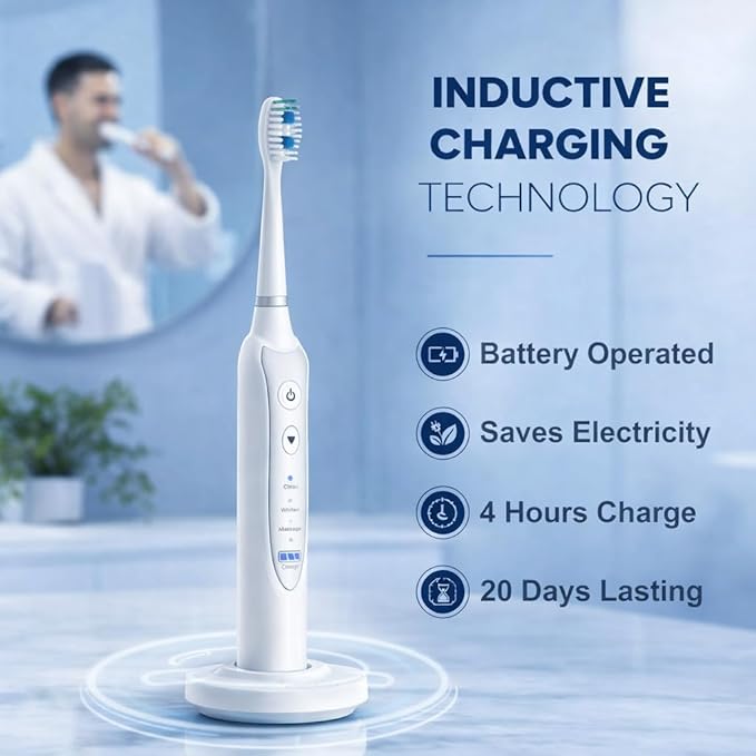 Sonic Electric Toothbrush for Adults, Rechargeable Power Toothbrush with 5 Replacement Heads, Travel Case, 3 Modes, 2 Minute Timer, IPX7 Waterproof Cordless Electric Toothbrush | White