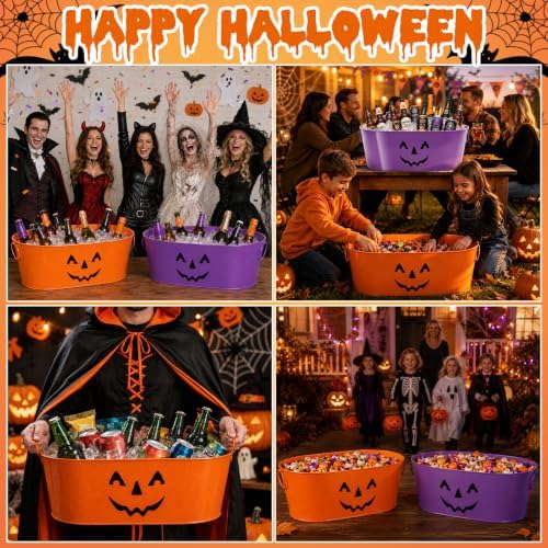 2Pcs 5.5 Gal Halloween Galvanized Beverage Ice Buckets,Halloween Candy Bowl
