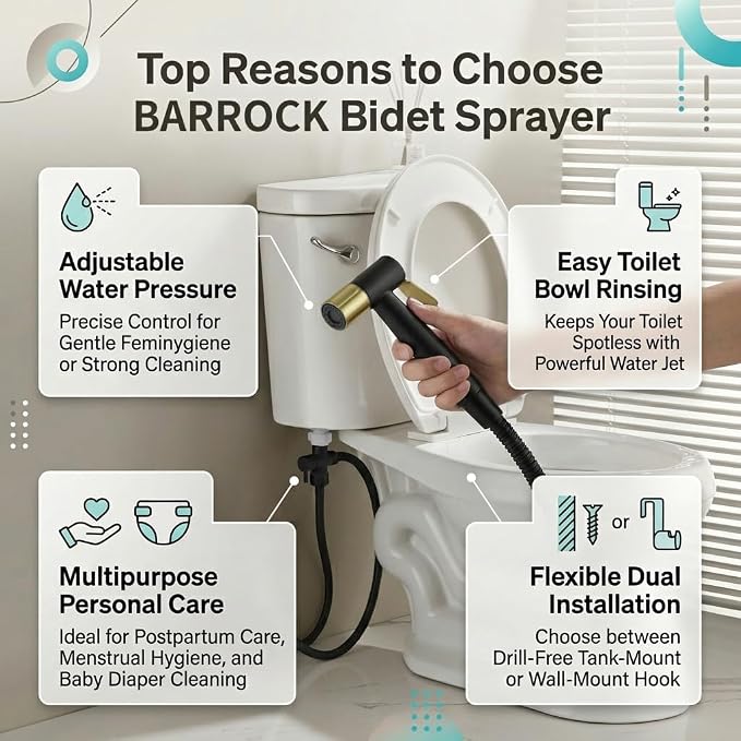BARROCK Handheld Bidet Sprayer for Toilet, Stainless Steel Metal Made Baby Cloth Diaper Spraying Kit, Bathroom Toilet Bidet Attachment Set for Bathing Pets and Feminine Washing,Matte Black and Gold