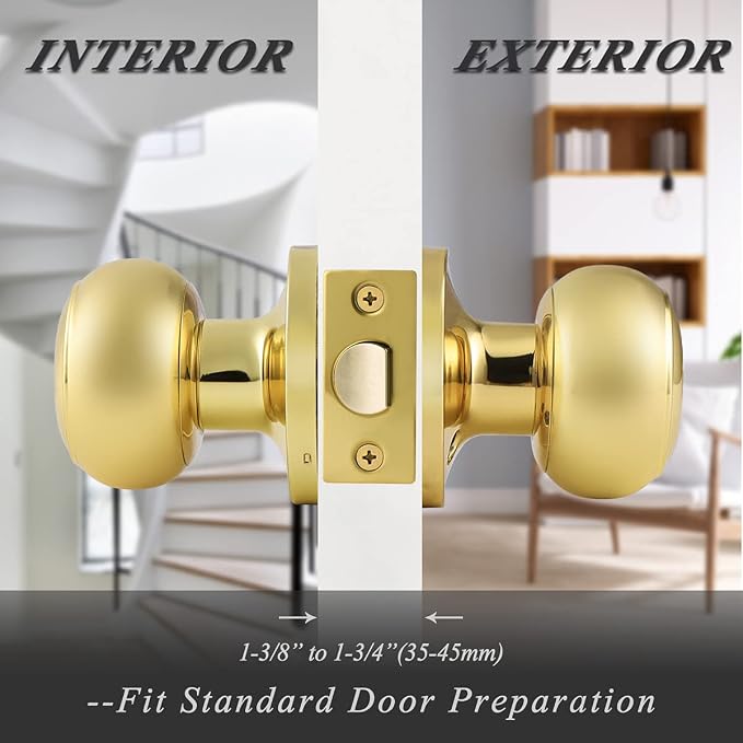 Probrico Passage Door Knobs Polished Brass Interior Hall/Closet Door Handles Keyless Locksets, 3 Pack