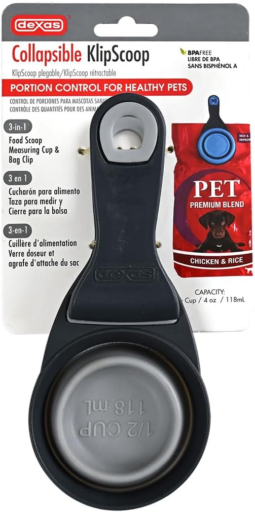Dexas Popware for Pets Collapsible Klip Scoop, 3-in-1 Pet Food Scoop, Measuring Cup and Bag Clip, 1/2 Cup Capacity, Light Gray