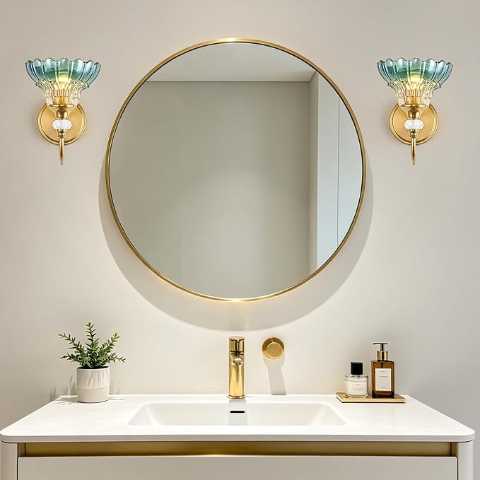 1 Piece Vintage Wall Sconce, 1-Light Brushed Gold Finish Wall Sconce with Hanging Crystal Accents and Flower-Shaped Teal Shades for Bathroom Bedroom Living Room,Vintage Vanity Light