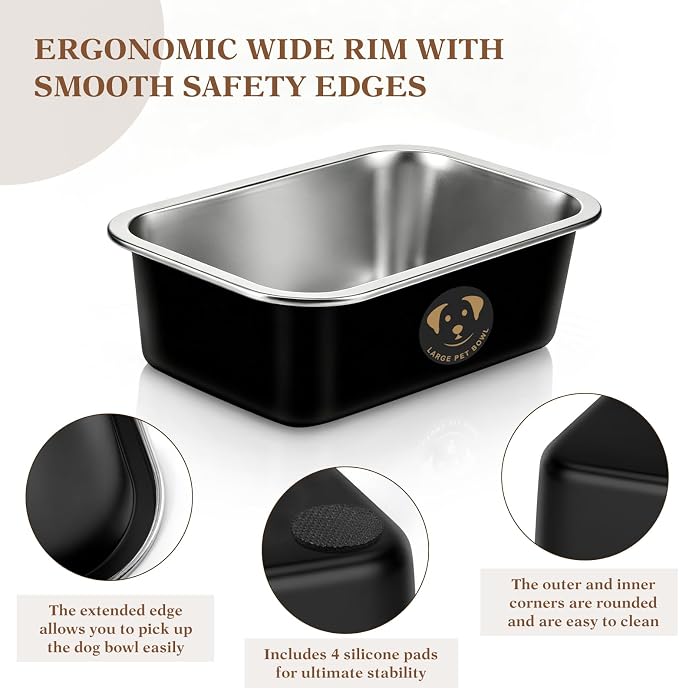 1.25 Gallons Large Stainless Steel Dog Water Bowl, High Capacity Metal Dog Food Bowls, Outdoor Dog Bowl Food and Water, X-Large, and Big Dogs & Cat, Black