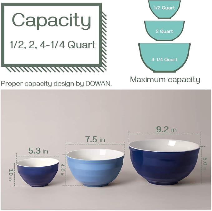 DOWAN Mixing bowls, 4.25/2/0.5 Qt Ceramic Mixing Bowls for Kitchen, Large Salad Serving Bowls, Nesting Mixing Bowls Set, Microwave Safe, Blue