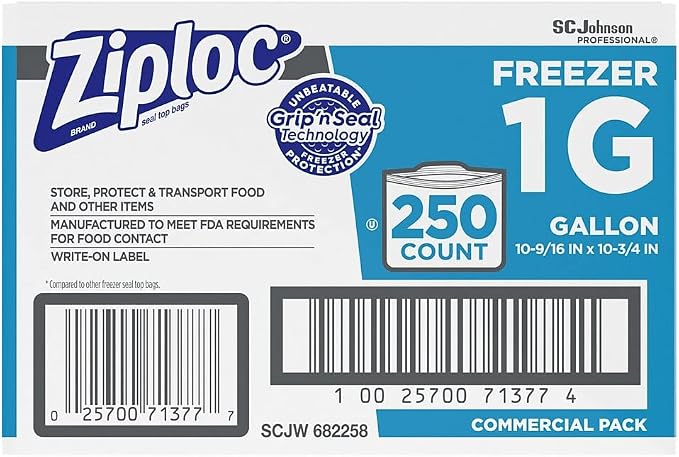 Ziploc 682258 Double-Zipper Freezer Bags, 1gal, 2.7mil, Clear w/Label Panel, 250/Carton