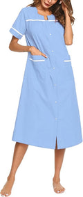 Ekouaer Womens Snap Front Dusters Cotton Housecoat Short Sleeve Nightgown House Dress With Pockets