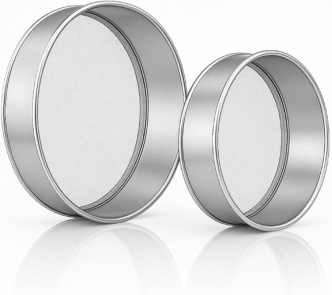 Stainless Steel Flour Sifters, Set of Fine Mesh Round Flour Sieves for Baking - 8" Diameter x 2.5" High and 9.5" Diameter x 2.5" High; Both 50 Mesh