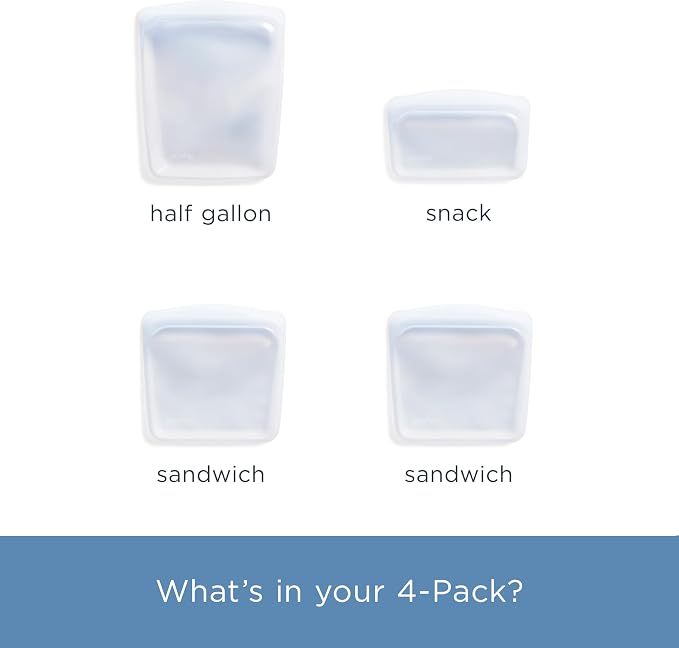 Stasher Silicone Reusable Food Storage Bags, 4-Pack, Reusable Freezer Bags, Microwave, Dishwasher, Oven Safe, Sous Vide, Premium Lunch Containers, Eco Friendly, Snack Bags, Food-safe Silicone, Clear | Reusable Food Bags
