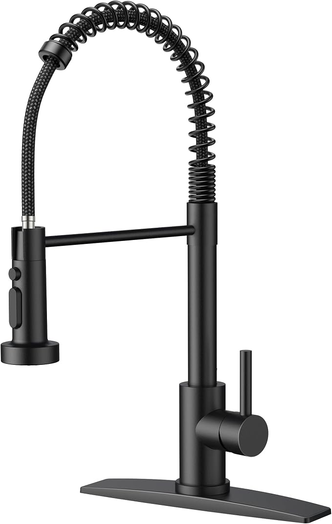 FORIOUS Black Kitchen Faucet with Pull Down Sprayer, Stainless Steel Single Handle Classic Spring Commercial Sink Faucet for Laundry & Utility Room RV Camper Bar Farmhouse
