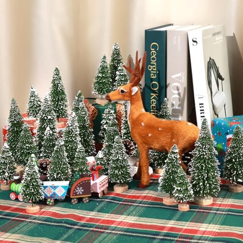 30Pcs Mini Christmas Trees Artificial Christmas Tree Bottle Brush Trees with Wooden Base for Christmas Decor Christmas Party Home Table Craft Decorations(Green-A)