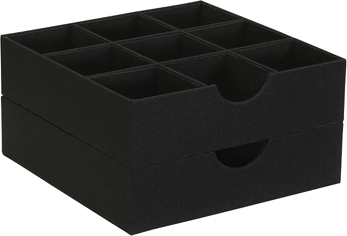 Household Essentials Drawer Organizer Tray with Fabric Cover and 9 Square Compartments, Black, Set of 2