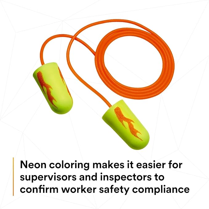 3M Ear Plugs, Pack of 200, E-A-Rsoft Yellow Neon Blasts 311-1252, Corded, Disposable, Foam, NRR 33, Drilling, Grinding, Machining, Sawing, Sanding, Welding, 1/Poly Bag