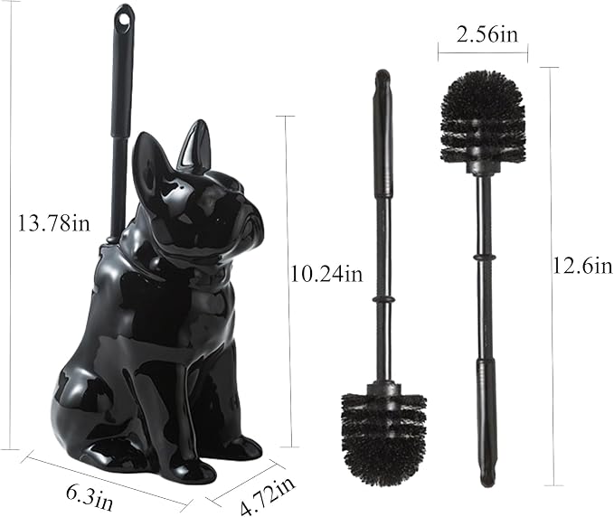 Ceramic French Bulldog Toilet Brush Holder – Hideaway Storage & Secure Fit, Space-Saving Design, Premium Ceramic Dog Lover Gift, Includes 2 Durable Scrub Brushes (Black)