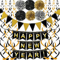 Fecedy Happy New Year Set Black Banner with Gold Black Paper Flag Bunting Swirl Streamers & Pom Poms for Happy New Year Party Decorations