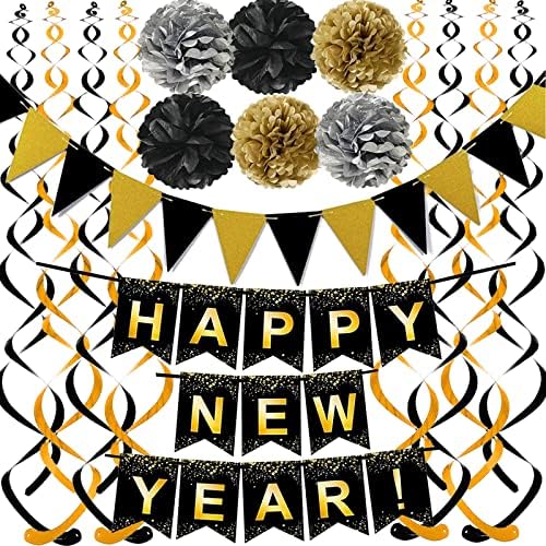 Fecedy Happy New Year Set Black Banner with Gold Black Paper Flag Bunting Swirl Streamers & Pom Poms for Happy New Year Party Decorations