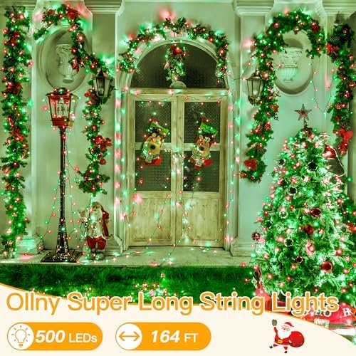 Ollny Christmas Lights, 500LED 164FT Long Christmas Tree Lights with 8 Modes Remote Timer IP44 Waterproof, Outdoor Christmas Lights for Tree House Yard Outside Xmas Decorations (Red+Green)