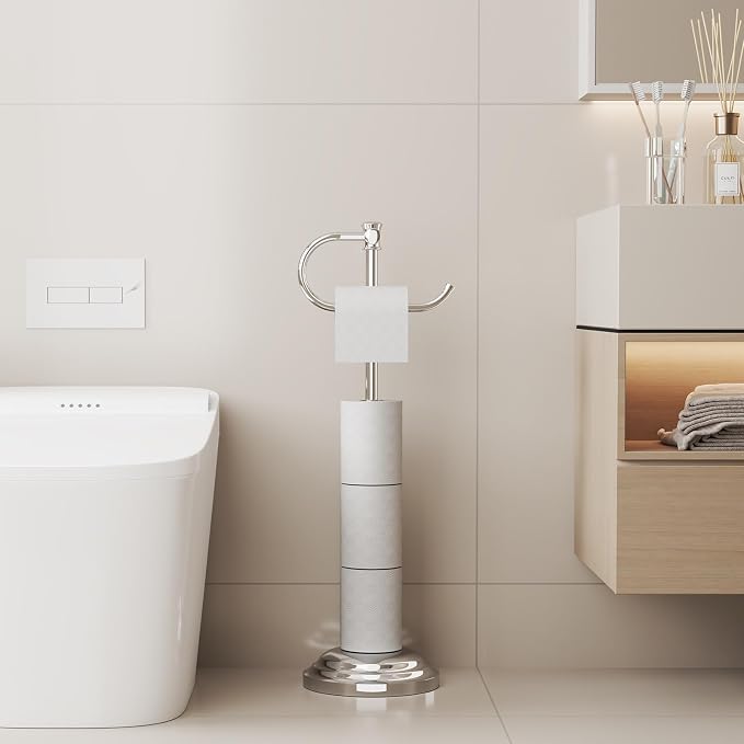 BESy Toilet Paper Holder Free Standing Bathroom Toilet Tissue Holder Stand for Floor Toilet Paper Roll Holder with Storage Hardware Accessories Rack Hand Towel Bar Polished Chrome Stainless Steel
