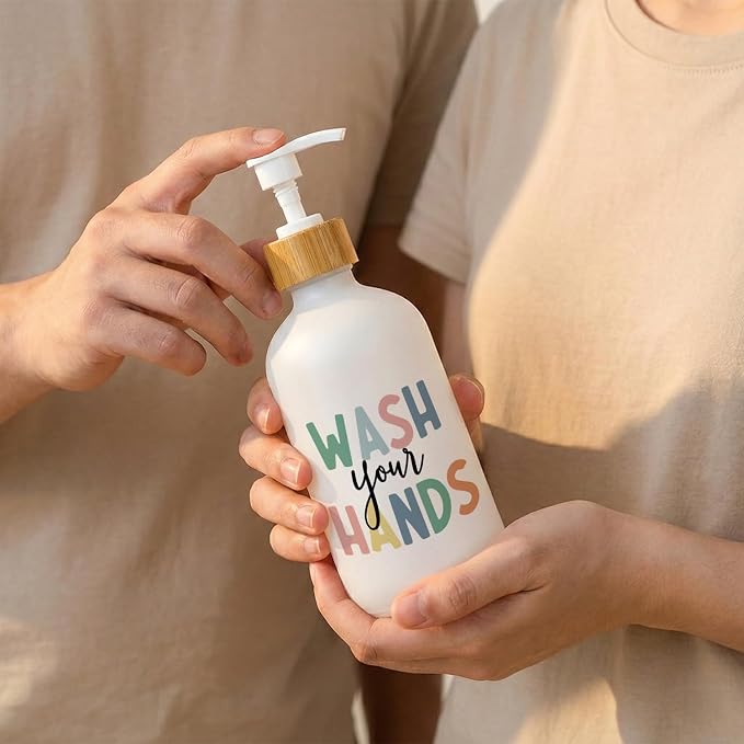 Kids Bathroom Soap Dispenser, Wash Your Hands Bathroom Countertop Hand Soap Dispenser with Pump, Colorful Boho Toddler Decor Handsoap Refillable Glass Pump Bottle Container