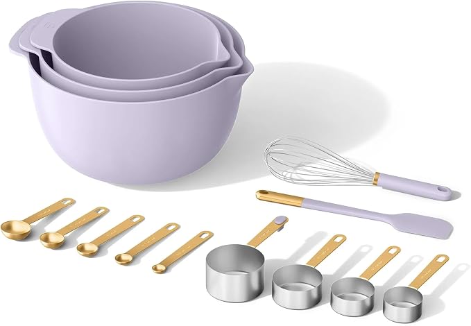 14 Piece Mixing Bowl and Measuring Set, Nesting Kitchen Prep Set with Measuring Cups Spoons Whisk Spatula, BPA Free Dishwasher Safe Baking Set (Lavender)