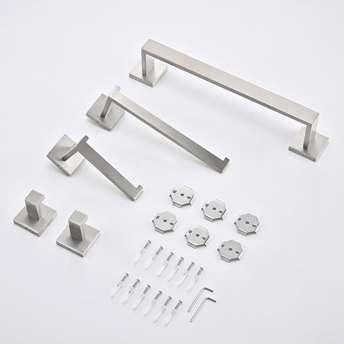 5 Piece Bathroom Hardware Set Brushed Nickel, SUS304 Stainless Steel Towel Bar Set, Modern Square Accessories with 16 Inch Rack Toilet Paper Holder Robe Hooks (Brushed Nickel)
