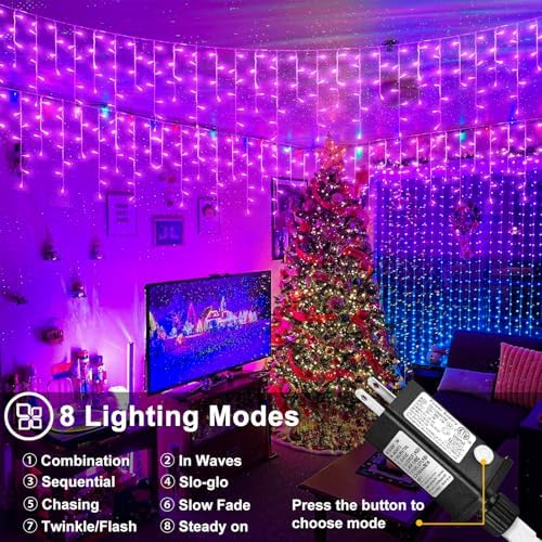 33ft Purple Christmas Lights Outdoor, 400 LED Icicle Lights for Outside Indoor Twinkle Christmas Light with Connectable Clear Wire 8 Modes Timer Waterproof for House Party Tree Holiday Yard Decoration