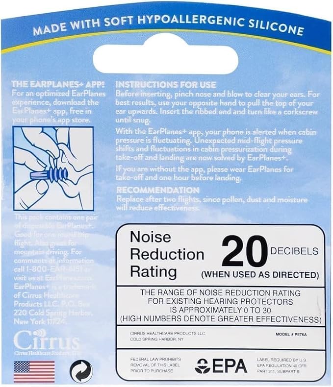 Original Adult EarPlanes by Cirrus Healthcare Earplugs Airplane Travel Ear Protection Bonus Pack (3 Pair)