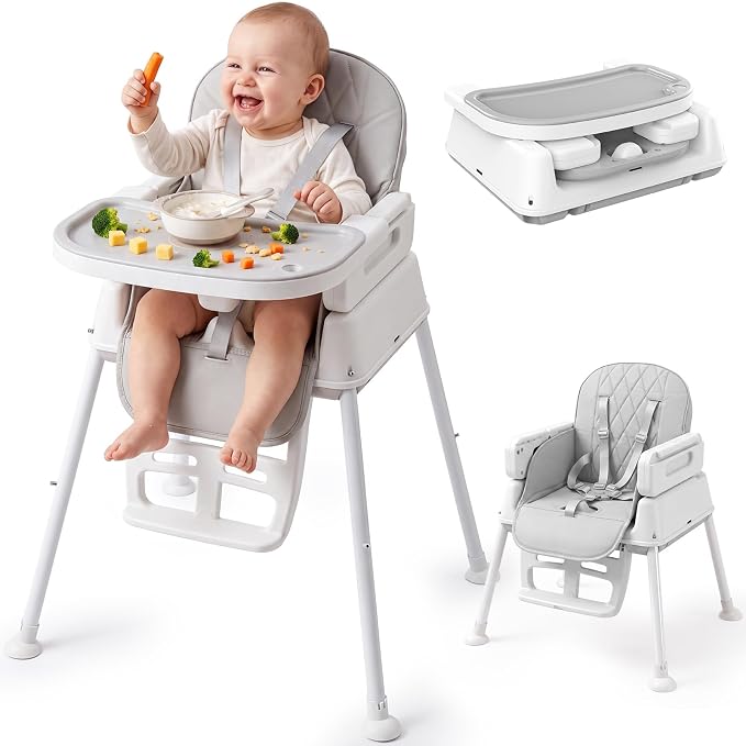 Baby High Chair, 3-in-1 Convertible High Chair for Babies and Toddlers, Built-in Leg Storage, Compact Pack-Away Design, Feeding Chair with Removable Tray, Silla De Comer para Bebe,Gray