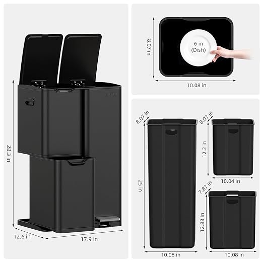 mVm 3 Compartment Kitchen Trash Can, 16 Gal Black Triple Trash Can, Heavy Duty Stainless Steel Garbage Can Anti Fingerprint Recycling Bin for Office