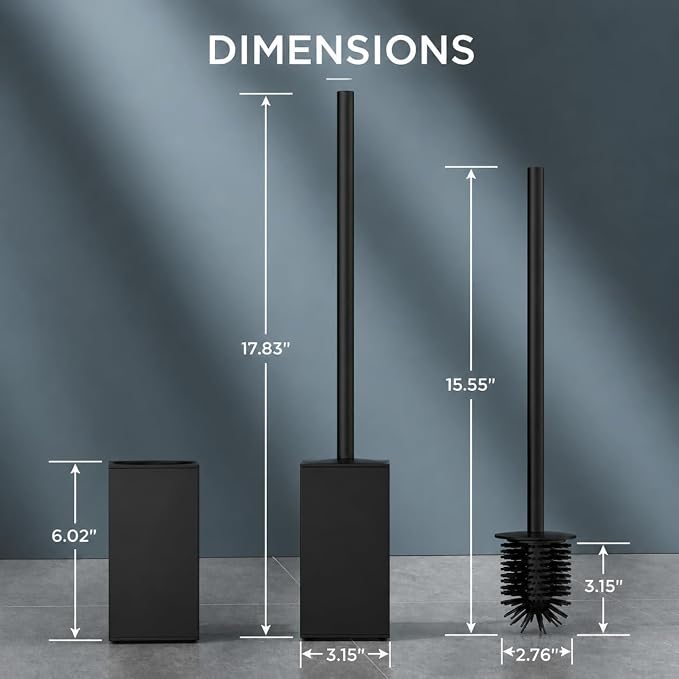 FORIOUS Short Toilet Brush and Holder Set, Heavy Duty 304 Stainless Steel Base Square and Long Handle for Bathroom Deep Cleaning, Drip-Proof, Space Saving for Storage, 2 Toilet Bowl Brush Head, Black