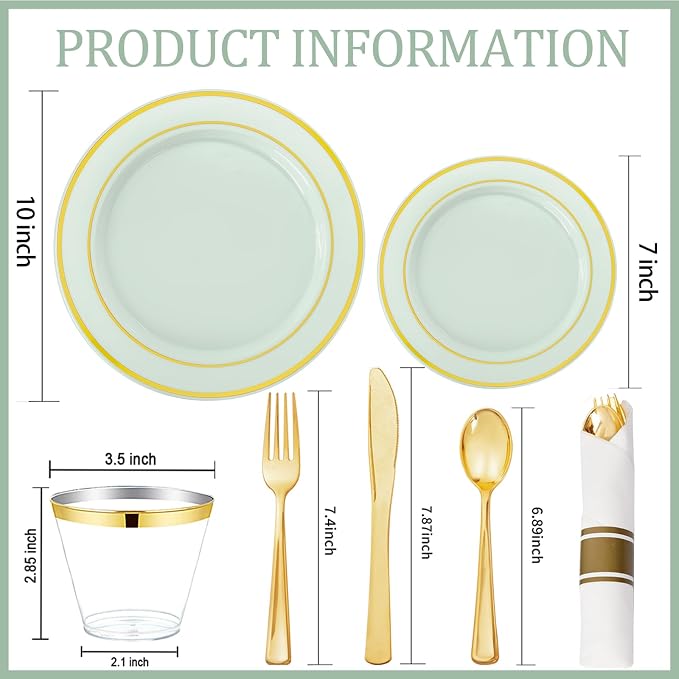 WDF Partyware 175PCS Sage Green Plastic Plates - Heavy Duty Green Plates Disposable - 25Guests Plastic Dinnerware with Rolled Napkins for Spring/Birthday/Baby Shower