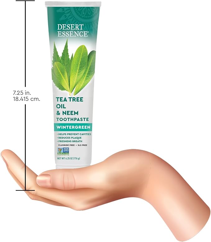 Desert Essence Tea Tree Oil and Neem Toothpaste, Wintergreen, 3 Pack | Three 6.25 oz tubes with baking soda and sea salt; fluoride-free, SLS-free, vegan and gluten-free