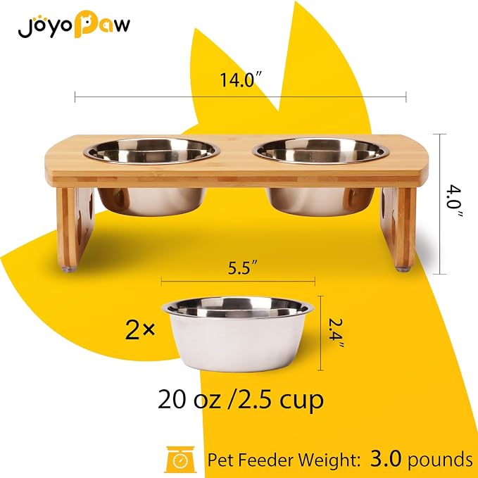Elevated Dog Bowls, Bamboo Raised Dog Bowl for Small Dogs & Cats, with 2 Stainless Steel Bowls (4'' Tall-20oz Bowl)