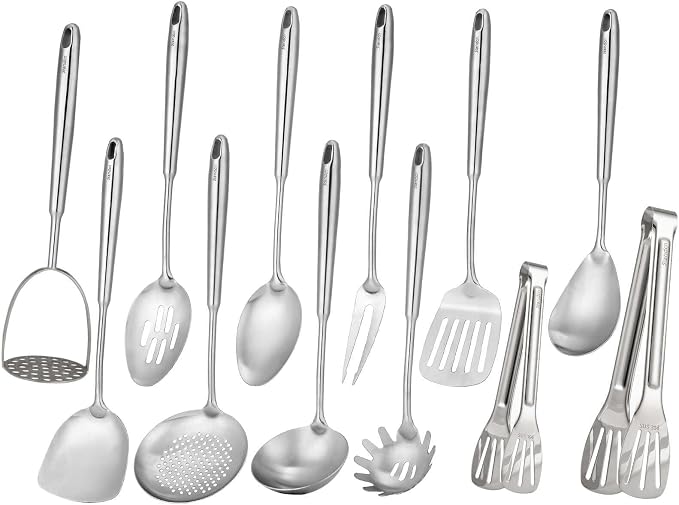 18/10 Stainless Steel Kitchen Utensils Set - 12 PCS All Metal Cooking Tools | 15″ Cooking Utensils - Potato Masher, Meat Fork, Tongs, Turner, Pasta, Serving Spoon, Skimmer, Ladle, Spatula Spoon Set