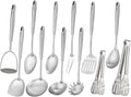 18/10 Stainless Steel Kitchen Utensils Set - 12 PCS All Metal Cooking Tools | 15″ Cooking Utensils - Potato Masher, Meat Fork, Tongs, Turner, Pasta, Serving Spoon, Skimmer, Ladle, Spatula Spoon Set