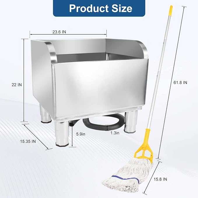 23 4/6in Stainless Steel Floor Mop Sink with Detachable Mop | Suitable for Laundry Rooms, Restaurants, Garages, Balconies, and Other Commercial Settings (23.6"L x 16.1"W x 21.6"H )