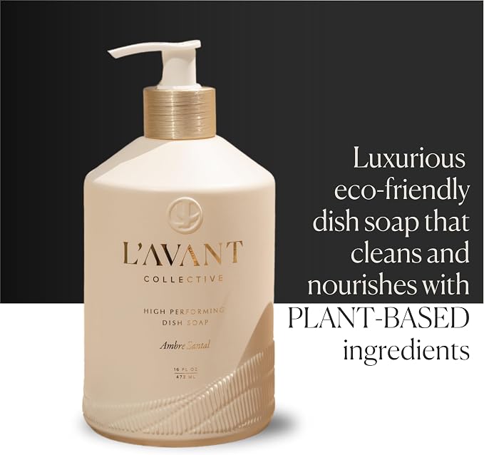 L'AVANT Collective Natural Luxury Dish Soap | Plant-Based, Non-Toxic & Grease-Cutting, Safe for Kids & Pets, Refillable Glass Bottle with Pump, 16 Fl Oz | Ambre Santal