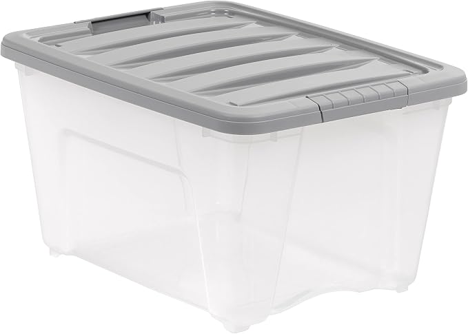 Amazon Basics Plastic Storage Containers with Secure Latching Lids, Stackable Organization Bins, Clear/Grey, 32 Quart, Set of 6