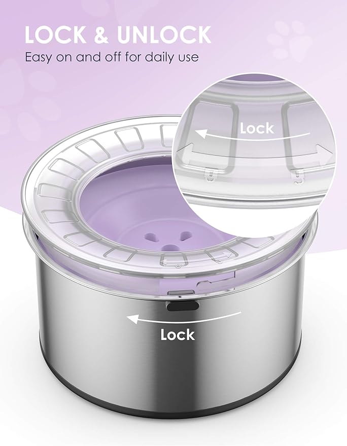 Heouvo 1 Gallon No Spill Dog Water Bowl with Slow Drinking Disk(Purple) | Splash-Proof Lid + Stainless Steel Bowl/Rubber Bottom/Slobber Stopper Water Bowl for Large Sloppy Messy Drinkers Reduce Mess