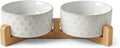 TRUVIC Ceramic Dog Bowl Set of 2 with Wood Stand, Jun Blanc Daisy & Clover Relief Dog Food and Water Bowl Set, 3.5 Cup/28 oz Puppy Food Bowls for Medium Dogs, Dishwasher Safe