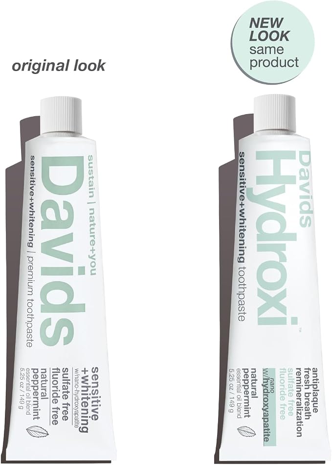 Davids Nano Hydroxyapatite Toothpaste Sensitive Whitening Peppermint 5.25oz | Fluoride Free | Remineralizing | Enamel Health | Antiplaque | SLS Free | Made in USA | Recyclable Metal Tube | EWG Verified