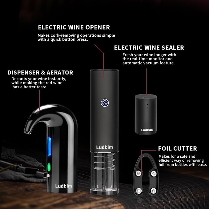 Rechageable Electric Wine Opener Gift Set, Auto Wine Aerator Dispenser, Wine Corkscrew Kit, Automatic Wine Saver Vaccum Pump, Foil Cutter, 4-in-1 Cordless rechargeable Bottle Opener Gift Box