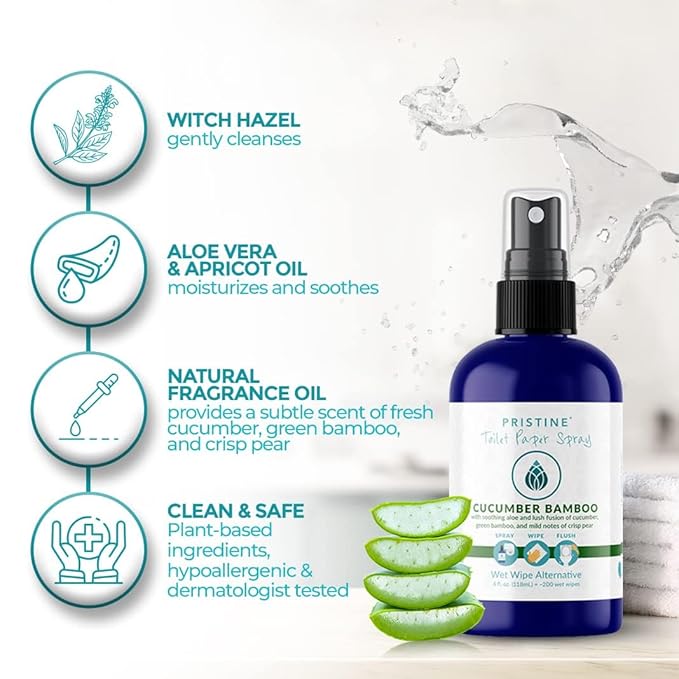 PRISTINE Toilet Paper Spray, As Seen on Shark Tank, Flushable Wipe Alternative, Personal Cleansing Bathroom Spray for Regular Toilet Tissue, Bidet Alternative, Made in USA, Cucumber Bamboo, 32oz