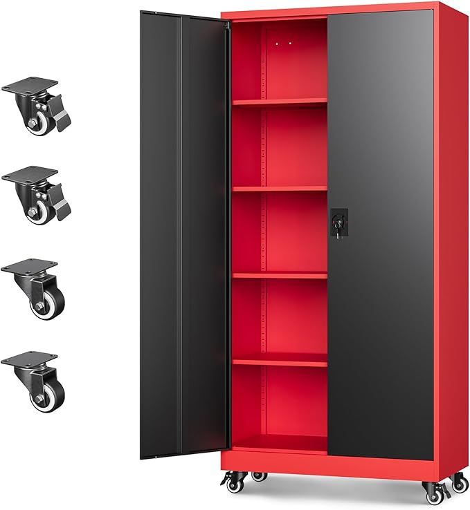 Metal Garage Storage Cabinets with Lock Door and Adjustable Shelves, Steel Tool Cabinets for Home,Office,Warehouse Organisieren (Black Red, 75" H)