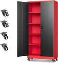 Metal Garage Storage Cabinets with Lock Door and Adjustable Shelves, Steel Tool Cabinets for Home,Office,Warehouse Organisieren (Black Red, 75" H)